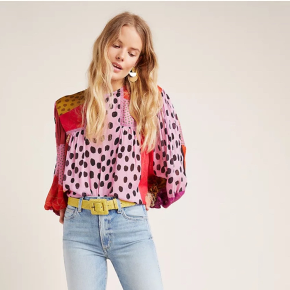 Anthropologie Eclectic Peasant Blouse by Bl-nk, ROSY BLOOM, Size Large, L